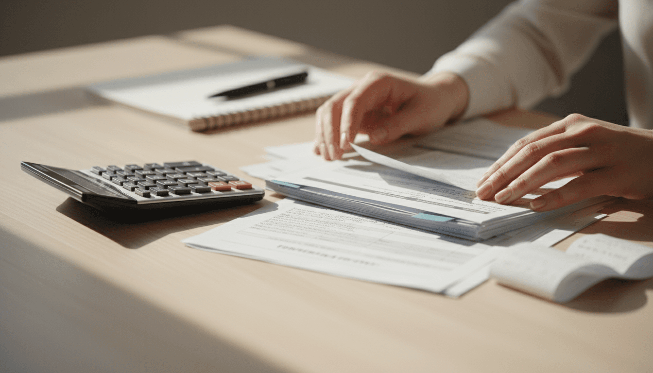 Organized financial documents and calculator on a clean desk with soft natural lighting