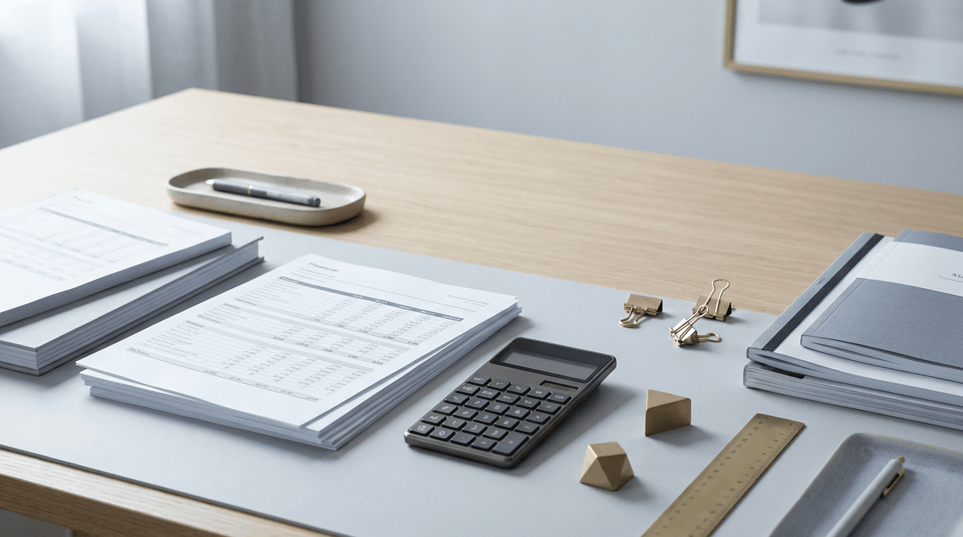 Hands organizing financial documents and calculator on a clean desk with natural window light