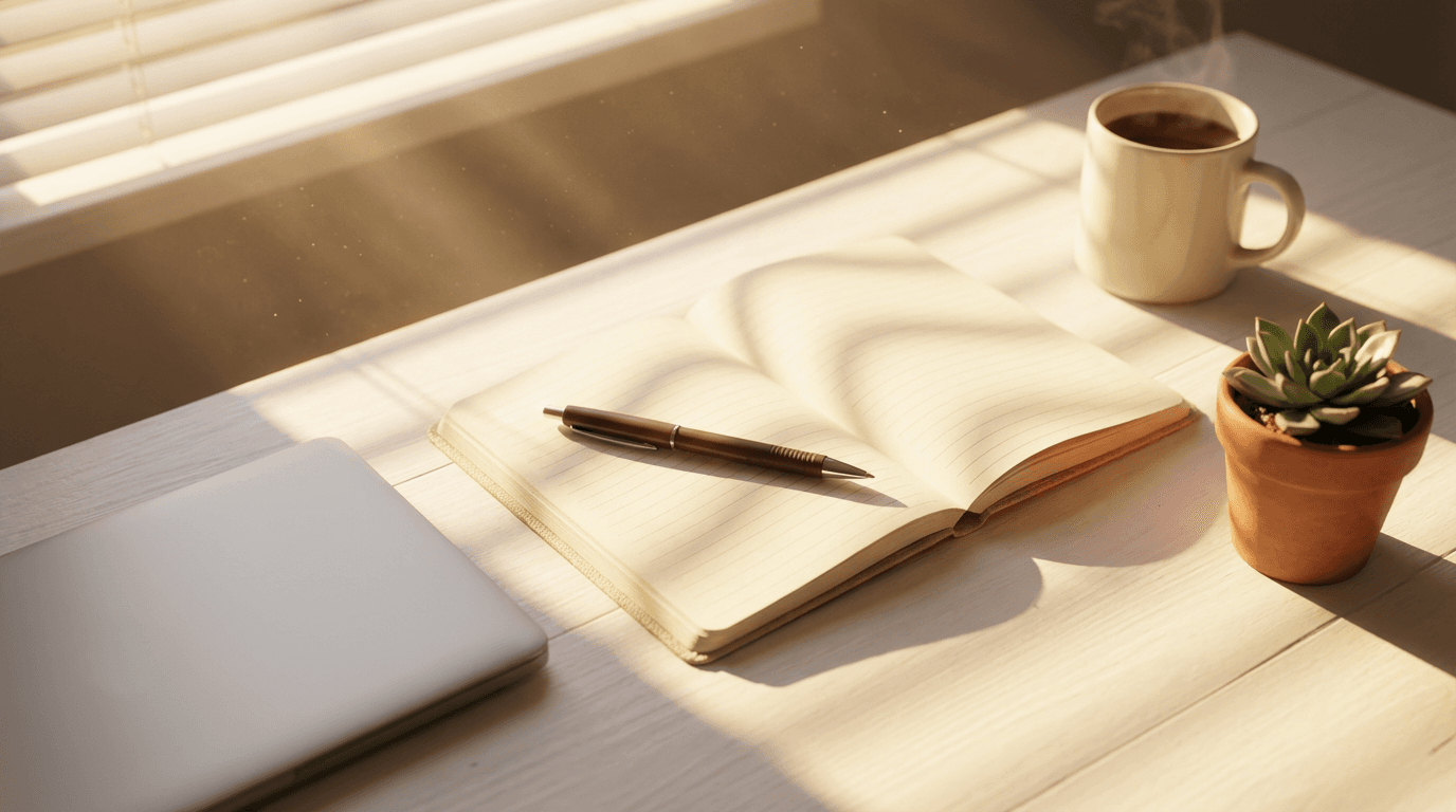 Professional workspace with organized desk, notebook, and natural morning light during financial planning session
