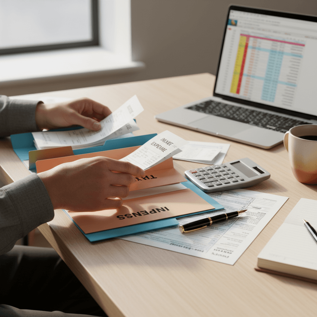 Small business owner organizing deductible expenses and receipts